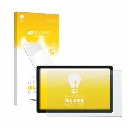 Parte frontal de un envase de producto con el logotipo de la marca upscreen. Al lado se muestra el dispositivo Blackview Tab 1