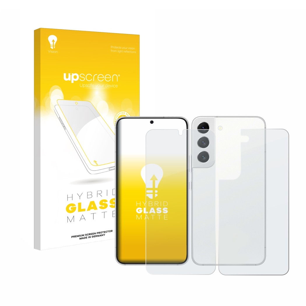 Parte frontal de un envase de producto con el logotipo de la marca upscreen. Al lado se muestra el dispositivo Samsung Galaxy 