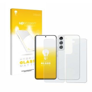 Parte frontal de un envase de producto con el logotipo de la marca upscreen. Al lado se muestra el dispositivo Samsung Galaxy 