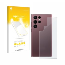 Face avant d’un emballage produit avec le logo de la marque upscreen. À côté, l’appareil Samsung Galaxy S22 Ultra 5G (Arrière)