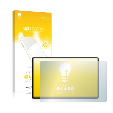 Parte frontal de un envase de producto con el logotipo de la marca upscreen. Al lado se muestra el dispositivo Samsung Galaxy 