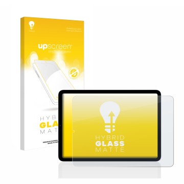 Parte frontal de un envase de producto con el logotipo de la marca upscreen. Al lado se muestra el dispositivo Apple iPad Air 