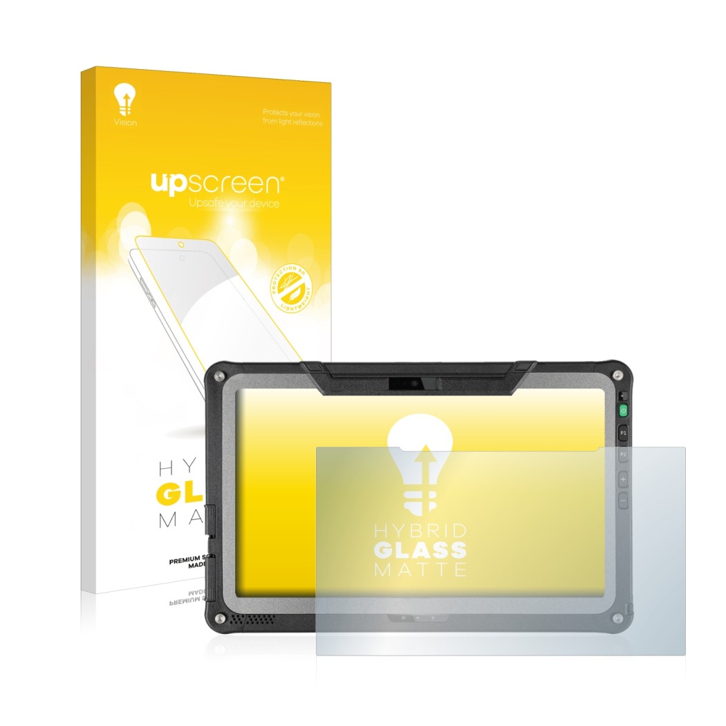 Front side of a product packaging with the brand logo upscreen. Next to it is the device Getac F110 G6 shown with the correspo