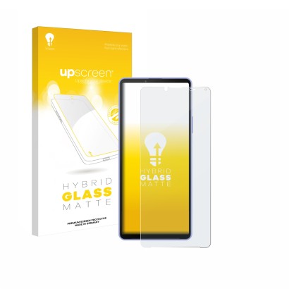 Vorderseite einer Produktverpackung mit dem Markenlogo upscreen. Daneben ist das Gerät Sony Xperia 10 IV mit dem zugehörigen D