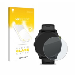 Vorderseite einer Produktverpackung mit dem Markenlogo upscreen. Daneben ist das Gerät Garmin Forerunner 255 mit dem zugehörig