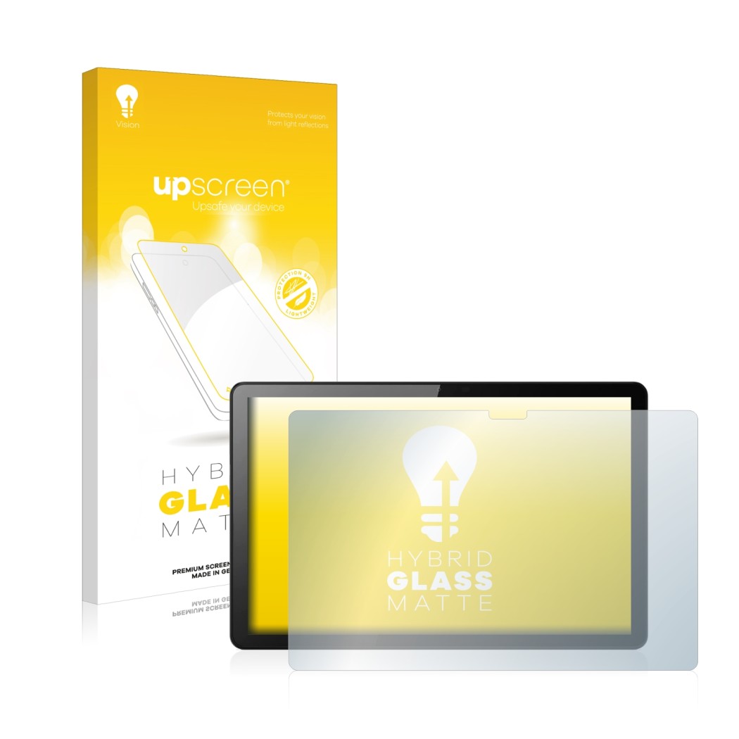 Parte frontal de un envase de producto con el logotipo de la marca upscreen. Al lado se muestra el dispositivo Lenovo Tab M10 