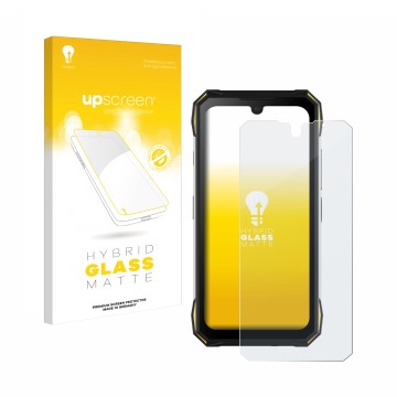 Parte frontale di una confezione del prodotto con il logo del marchio upscreen. Accanto è raffigurato il dispositivo Doogee S8