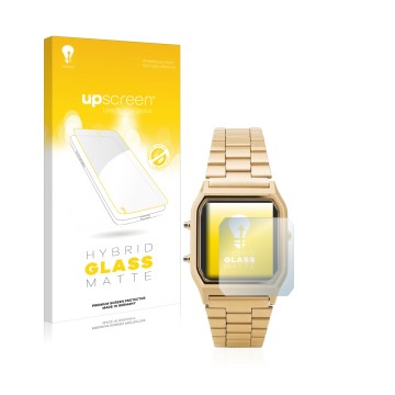 Parte frontale di una confezione del prodotto con il logo del marchio upscreen. Accanto è raffigurato il dispositivo Casio AQ-