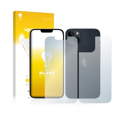 Face avant d’un emballage produit avec le logo de la marque upscreen. À côté, l’appareil Apple iPhone 14 (Avant+Arrière) est r