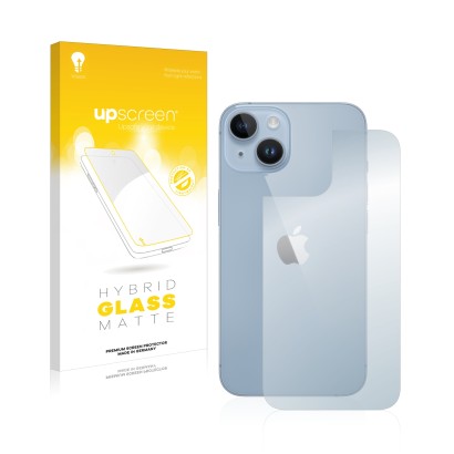 Face avant d’un emballage produit avec le logo de la marque upscreen. À côté, l’appareil Apple iPhone 14 (Arrière) est représe