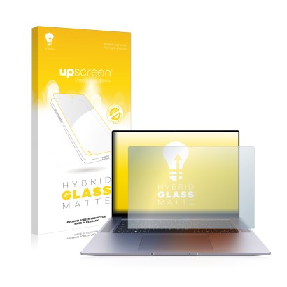 Parte frontal de un envase de producto con el logotipo de la marca upscreen. Al lado se muestra el dispositivo Huawei MateBook