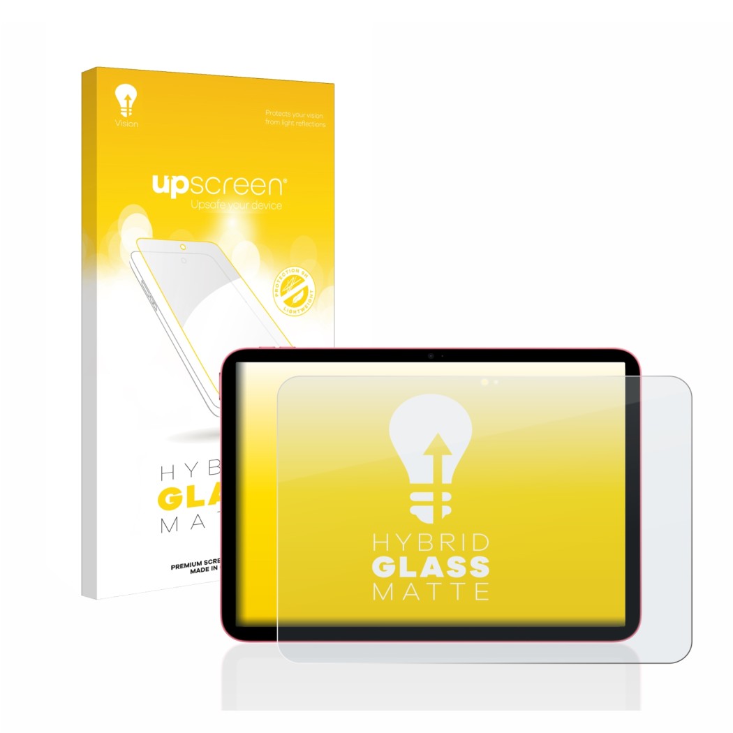 Vorderseite einer Produktverpackung mit dem Markenlogo upscreen. Daneben ist das Gerät Apple iPad 10.9