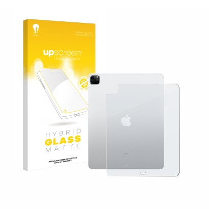 Face avant d’un emballage produit avec le logo de la marque upscreen. À côté, l’appareil Apple iPad Pro 12.9" 2022 (6ème Gen.,