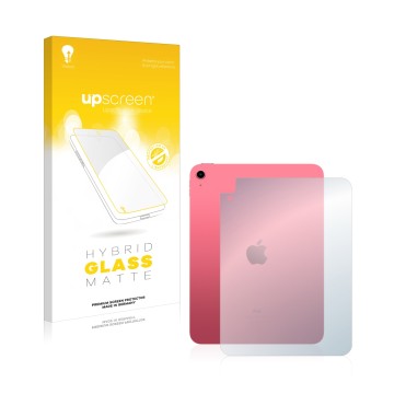 Face avant d’un emballage produit avec le logo de la marque upscreen. À côté, l’appareil Apple iPad 10.9