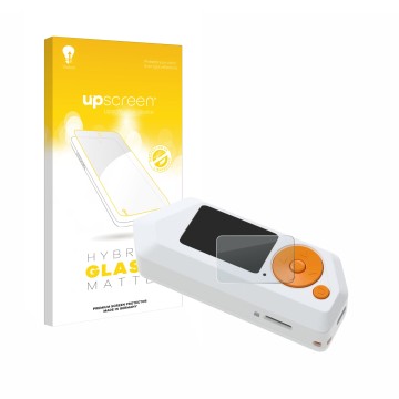 Parte frontal de un envase de producto con el logotipo de la marca upscreen. Al lado se muestra el dispositivo Flipper Zero FZ