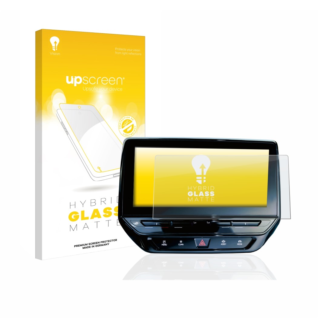 Parte frontal de un envase de producto con el logotipo de la marca upscreen. Al lado se muestra el dispositivo Volkswagen ID.4