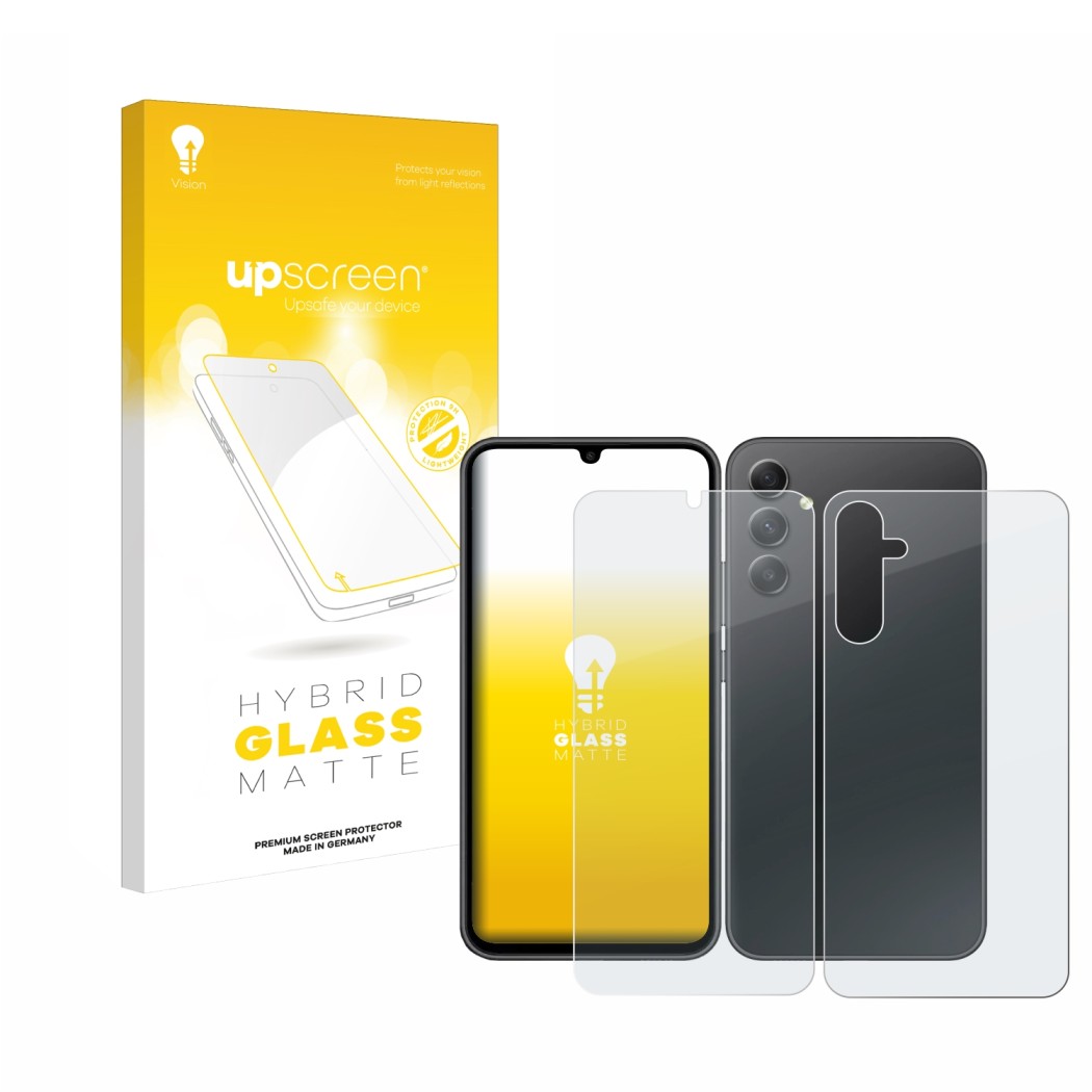 Front side of a product packaging with the brand logo upscreen. Next to it is the device Samsung Galaxy A34 5G (Front+Back) sh