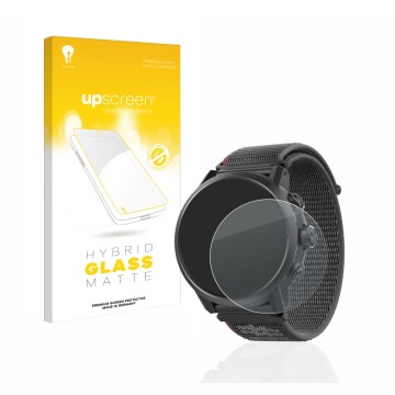 Face avant d’un emballage produit avec le logo de la marque upscreen. À côté, l’appareil Coros Apex 2 est représenté avec la p