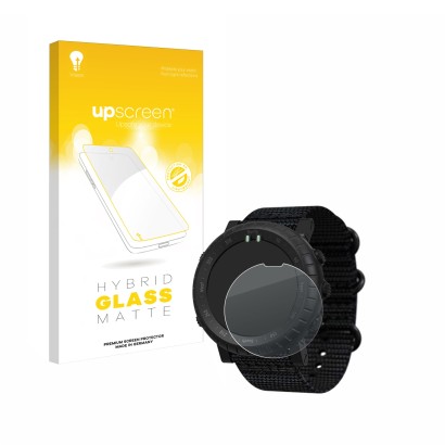 Parte frontal de un envase de producto con el logotipo de la marca upscreen. Al lado se muestra el dispositivo Suunto Core Alp