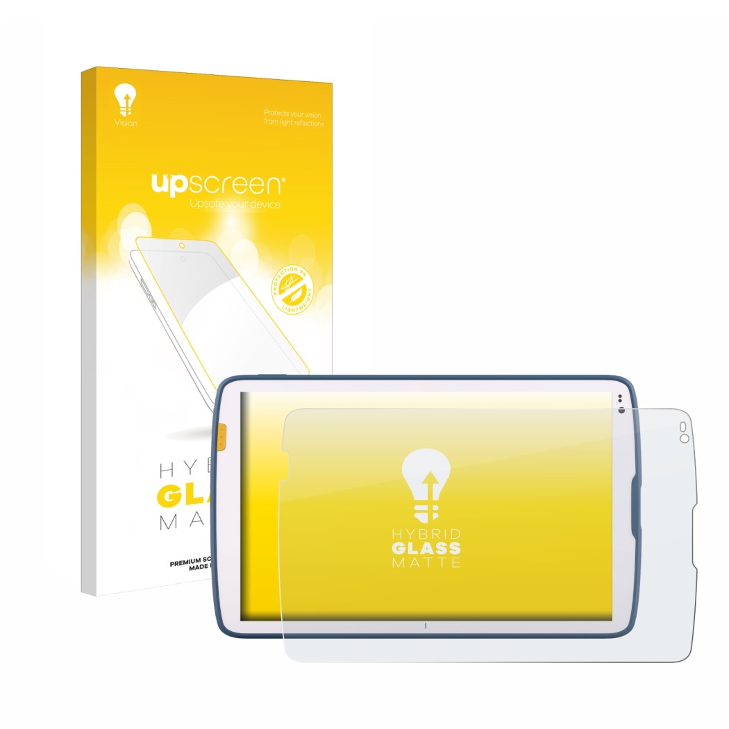 Face avant d’un emballage produit avec le logo de la marque upscreen. À côté, l’appareil Zebra ET40 10.1