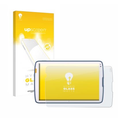 Face avant d’un emballage produit avec le logo de la marque upscreen. À côté, l’appareil Zebra ET40 10.1