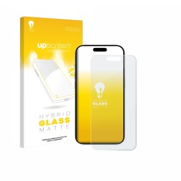 Parte frontal de un envase de producto con el logotipo de la marca upscreen. Al lado se muestra el dispositivo Apple iPhone 15