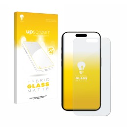 Parte frontal de un envase de producto con el logotipo de la marca upscreen. Al lado se muestra el dispositivo Apple iPhone 15