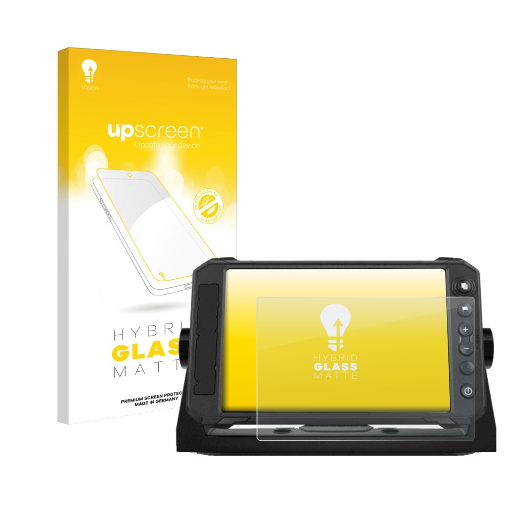 Front side of a product packaging with the brand logo upscreen. Next to it is the device Lowrance Elite FS 7 shown with the co