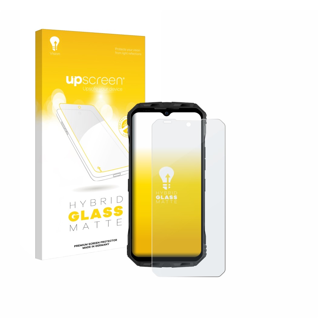 Parte frontale di una confezione del prodotto con il logo del marchio upscreen. Accanto è raffigurato il dispositivo Doogee V3