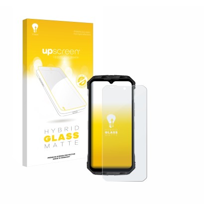 Parte frontal de un envase de producto con el logotipo de la marca upscreen. Al lado se muestra el dispositivo Doogee S110 con