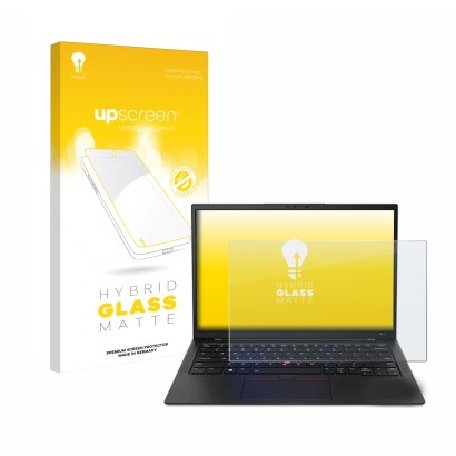 Vorderseite einer Produktverpackung mit dem Markenlogo upscreen. Daneben ist das Gerät Lenovo ThinkPad X1 Carbon 14