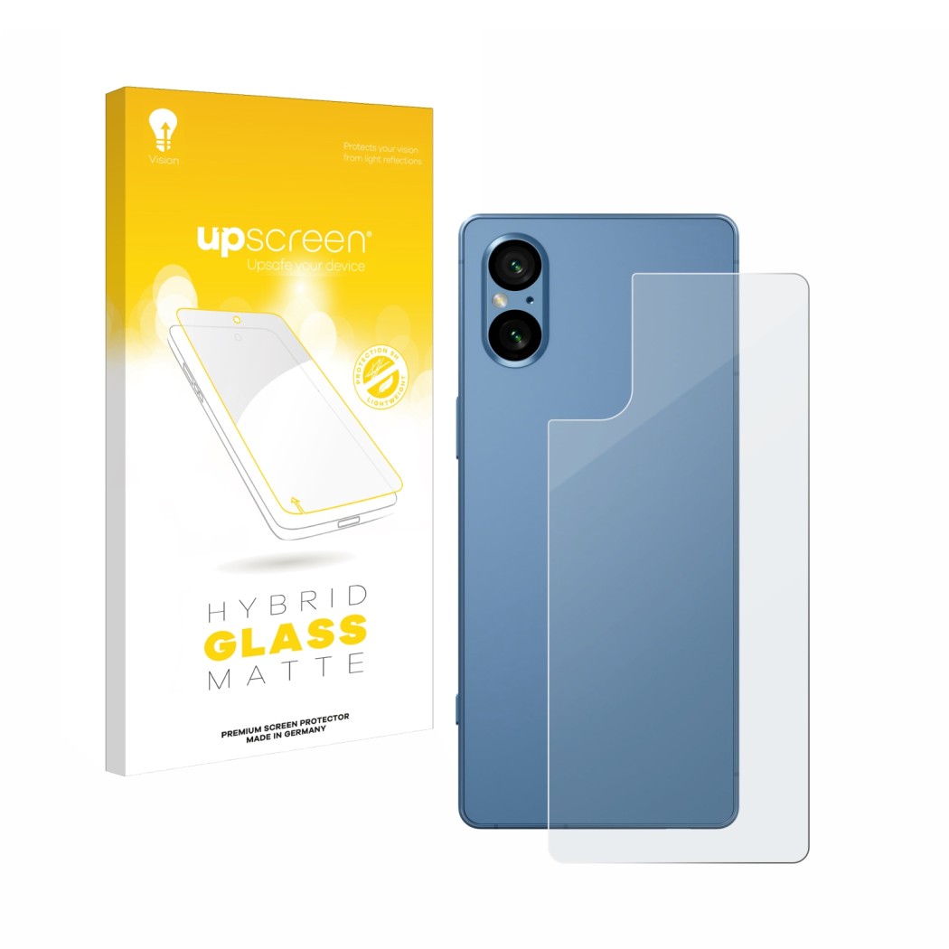 Face avant d’un emballage produit avec le logo de la marque upscreen. À côté, l’appareil Sony Xperia 5 V (Arrière) est représe