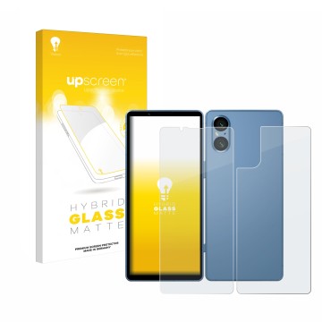 Face avant d’un emballage produit avec le logo de la marque upscreen. À côté, l’appareil Sony Xperia 5 V (Avant+Arrière) est r