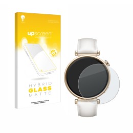 Parte frontal de un envase de producto con el logotipo de la marca upscreen. Al lado se muestra el dispositivo Huawei Watch GT