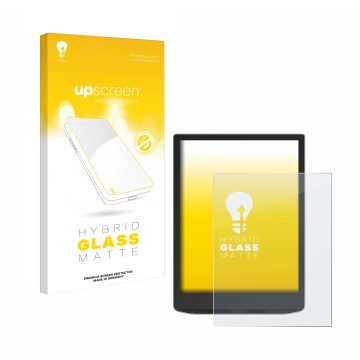 Parte frontal de un envase de producto con el logotipo de la marca upscreen. Al lado se muestra el dispositivo PocketBook InkP