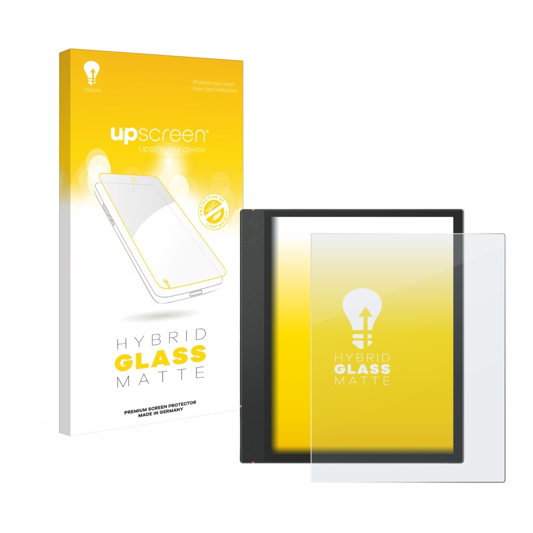 Parte frontale di una confezione del prodotto con il logo del marchio upscreen. Accanto è raffigurato il dispositivo Boox Note