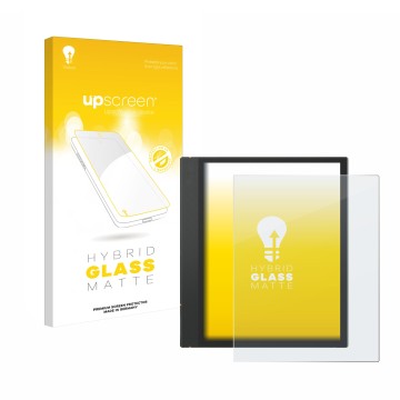 Parte frontal de un envase de producto con el logotipo de la marca upscreen. Al lado se muestra el dispositivo Boox Note Air 3