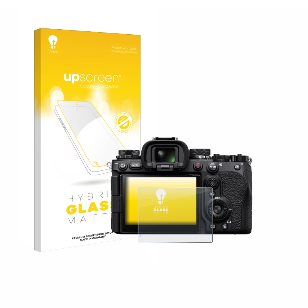 Vorderseite einer Produktverpackung mit dem Markenlogo upscreen. Daneben ist das Gerät Sony Alpha 9 III mit dem zugehörigen Di