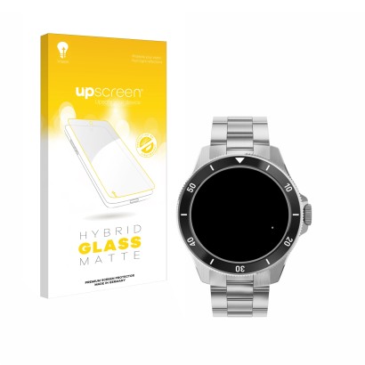 Face avant d’un emballage produit avec le logo de la marque upscreen. À côté, l’appareil Withings ScanWatch Nova (42 mm) est r