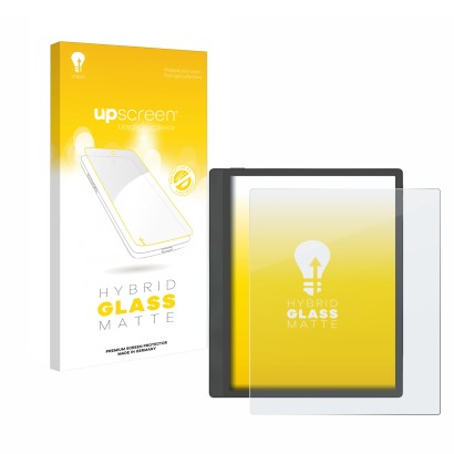 Parte frontal de un envase de producto con el logotipo de la marca upscreen. Al lado se muestra el dispositivo Boox Tab Ultra 