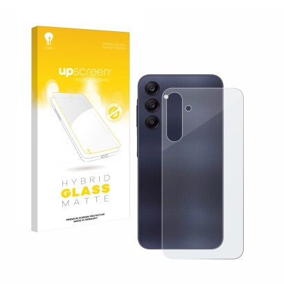 Face avant d’un emballage produit avec le logo de la marque upscreen. À côté, l’appareil Samsung Galaxy A25 5G (Arrière) est r