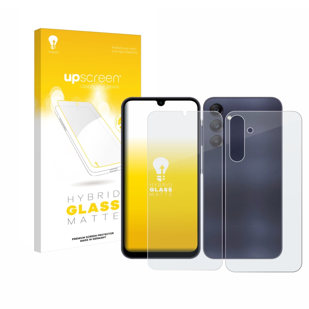 Face avant d’un emballage produit avec le logo de la marque upscreen. À côté, l’appareil Samsung Galaxy A25 5G (Avant+Arrière)