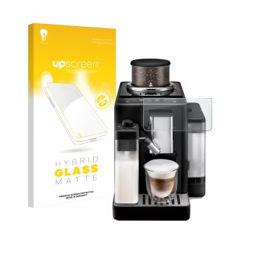 Front side of a product packaging with the brand logo upscreen. Next to it is the device DeLonghi Rivelia shown with the corre