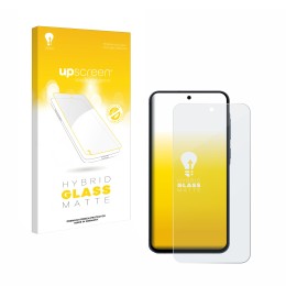 Parte frontal de un envase de producto con el logotipo de la marca upscreen. Al lado se muestra el dispositivo Samsung Galaxy 