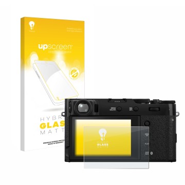 Face avant d’un emballage produit avec le logo de la marque upscreen. À côté, l’appareil Fujifilm X100VI est représenté avec l