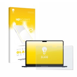 Parte frontal de un envase de producto con el logotipo de la marca upscreen. Al lado se muestra el dispositivo Apple MacBook A