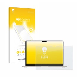 Parte frontal de un envase de producto con el logotipo de la marca upscreen. Al lado se muestra el dispositivo Apple MacBook A