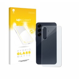 Parte frontal de un envase de producto con el logotipo de la marca upscreen. Al lado se muestra el dispositivo Samsung Galaxy 