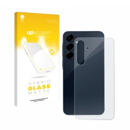 Parte frontal de un envase de producto con el logotipo de la marca upscreen. Al lado se muestra el dispositivo Samsung Galaxy 