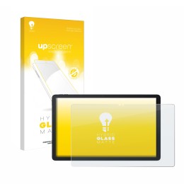 Parte frontal de un envase de producto con el logotipo de la marca upscreen. Al lado se muestra el dispositivo Blackview Mega 